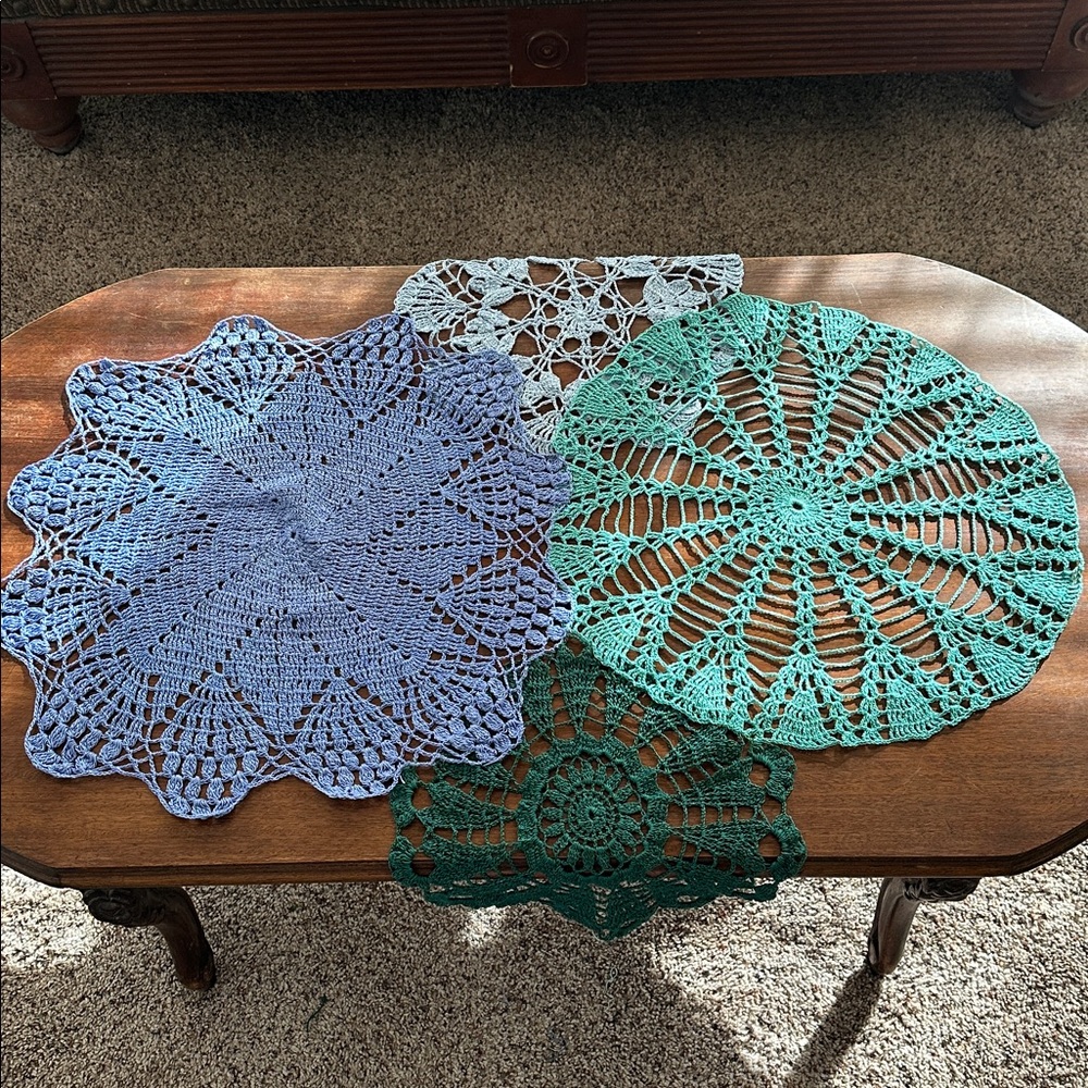 Hand crocheted Table Runner in Blues and Greens